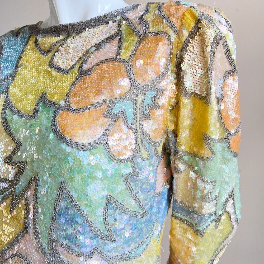 Vintage Oleg Cassini Black Tie PAstel Colours Fully Beaded Sequin Top S - Picture 4 of 10